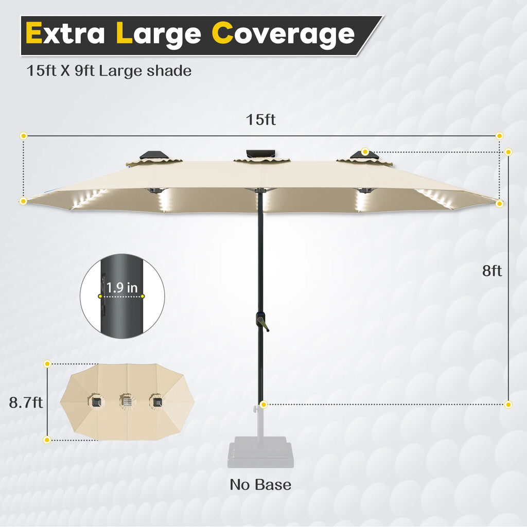 AECOJOY 15ft Patio Double-Sided Umbrella, 156 PCS Solar LED Light Outdoor Large Umbrella, Beige