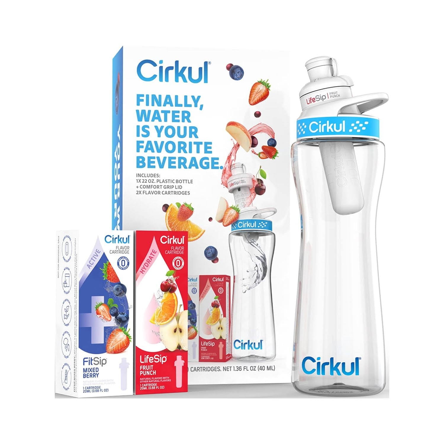 Cirkul Plastic Water Bottle Starter Kit with Blue Lid 22oz & 2 Flavor Cartridges