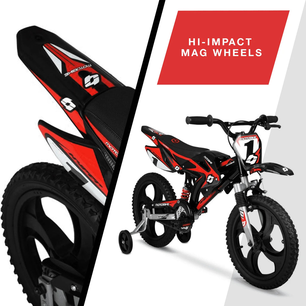 Hyper Bicycles 16" Kids Motobike with Mag Wheels, Including Training Wheels, Black/Red