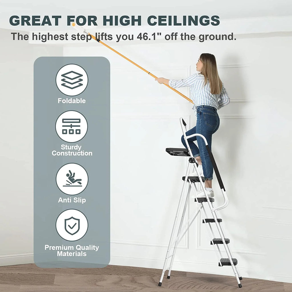 Hbtower Folding 5 - Step Ladder, 330 lb, with Handrails and Tool Tray and Anti - Slip Pedal, White