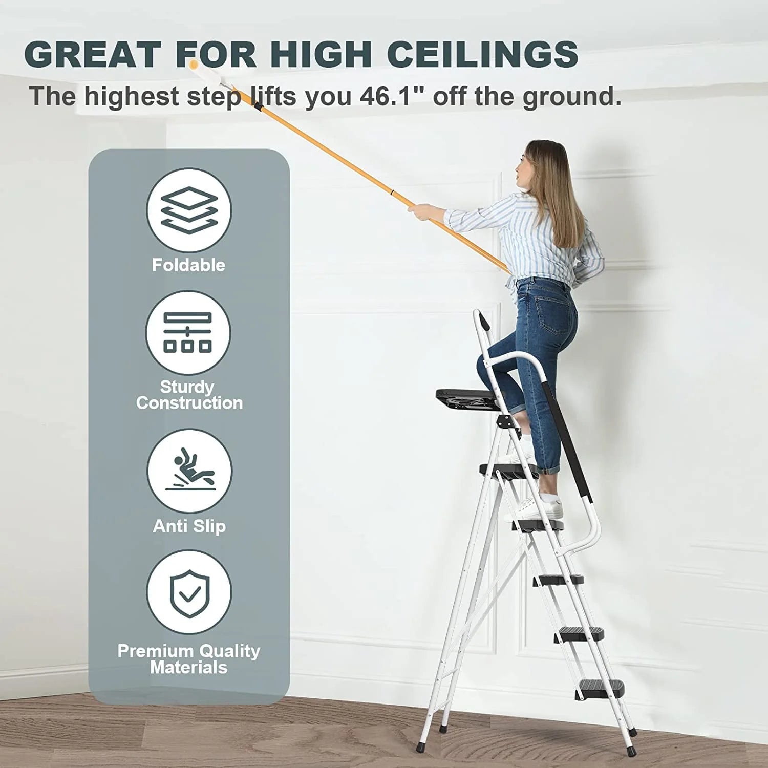 Hbtower Folding 5 - Step Ladder, 330 lb, with Handrails and Tool Tray and Anti - Slip Pedal, White