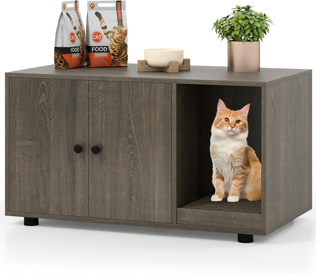 Tangkula Cat Litter Box Enclosure | Hidden Litter Box Furniture with Scratching Board