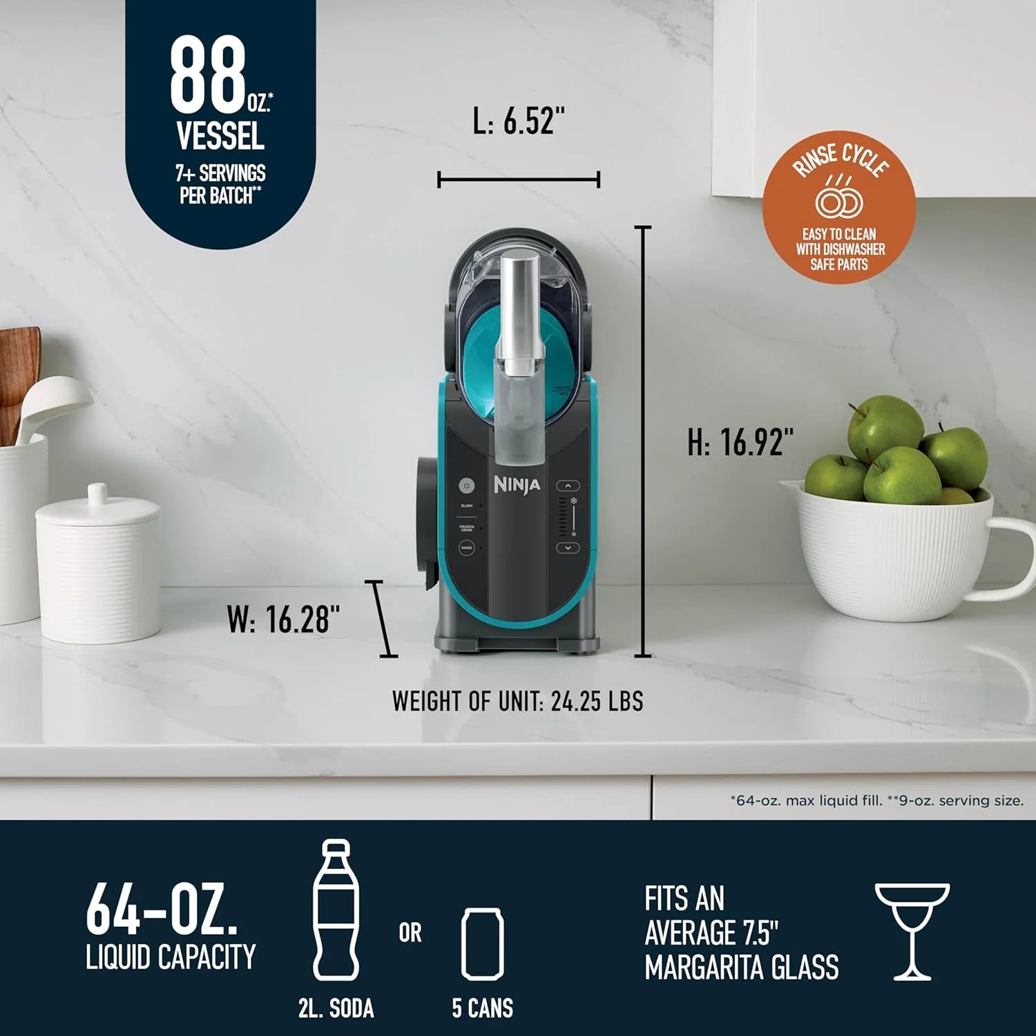 SLUSHi with RapidChill Technology, 88 oz. Frozen Drink & Slushie Machine, 5 Preset Programs, Margaritas, Frapps, and More, Premium Accents, Black, FS301