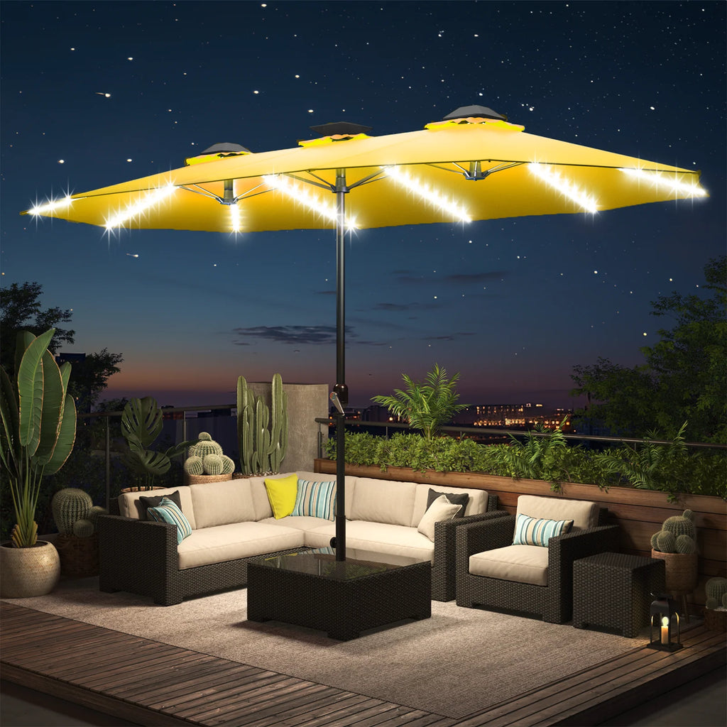 AECOJOY 15ft Patio Double-Sided Umbrella, 156 PCS Solar LED Light Outdoor Large Umbrella, Yellow