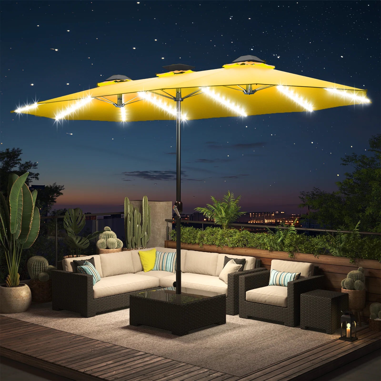 AECOJOY 15ft Patio Double-Sided Umbrella, 156 PCS Solar LED Light Outdoor Large Umbrella, Yellow