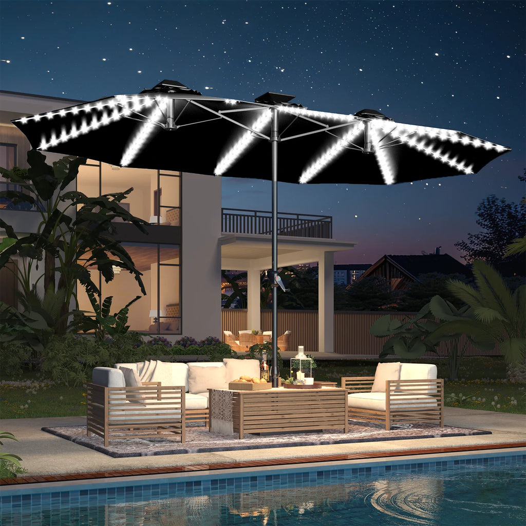 AECOJOY 15ft Patio Double-Sided Umbrella, 156 PCS Solar LED Light Outdoor Large Umbrella, Black