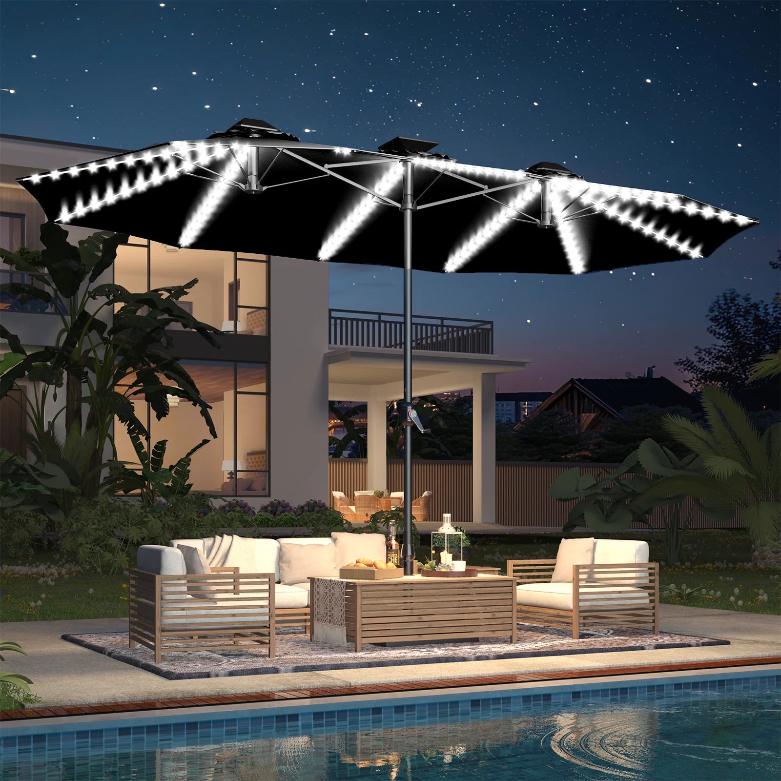 AECOJOY 15ft Patio Double-Sided Umbrella, 156 PCS Solar LED Light Outdoor Large Umbrella, Black