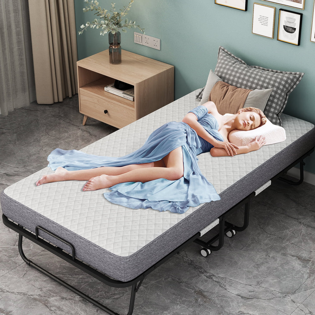Folding Bed with Mattress 75" x 31" Cot Size Folded Bed, Rollaway Guest Bed Portable Foldable Extra Bed for Adults Daybed with 5" Memory Foam Mattress Space - Saving Sturdy Metal Grid Frame