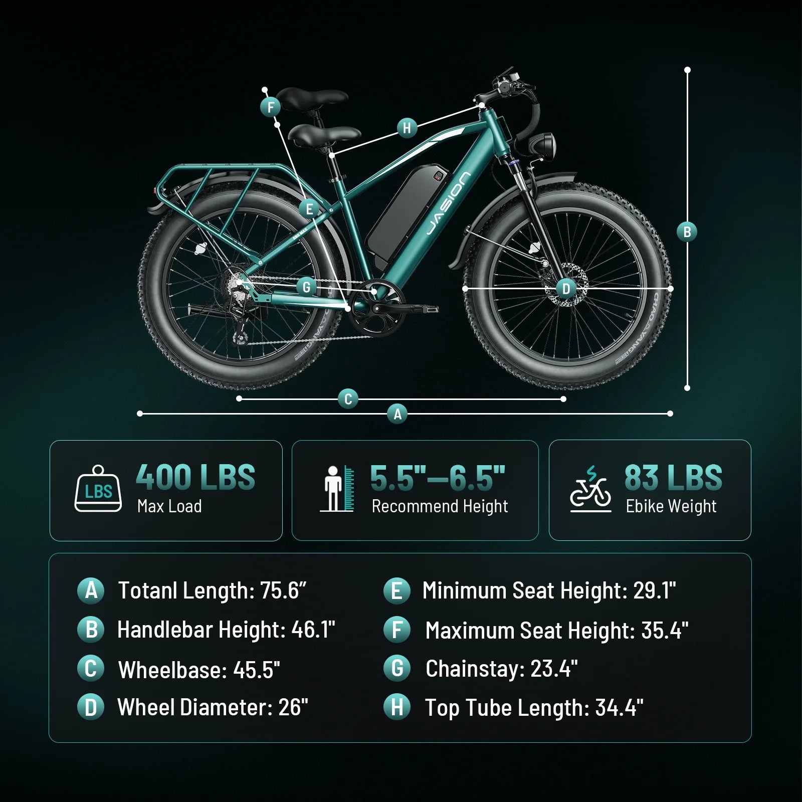 Jasion EB5 MAX Electric Bike for Adults, 750W Electric Mountain Bike with 48V 15ah Battery, 26'' Fat Tire Off - Road Ebike, 28MPH Shimano 7 Speed Bicycle UL2849
