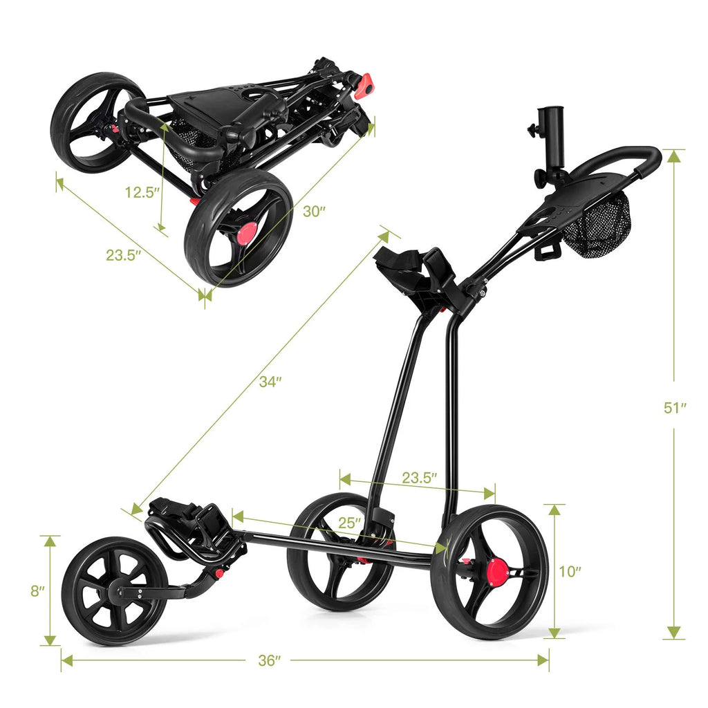 Tangkula Golf Push Cart, Lightweight Collapsible Golf Pull Cart, 3 Wheels Golf Trolley with Foot Brake Umbrella Holder & Cup Holder