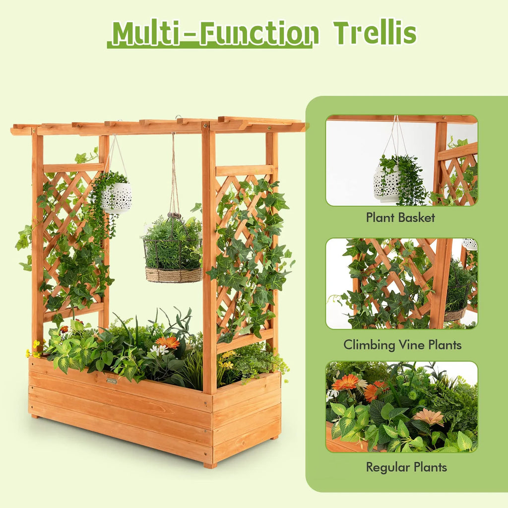 Raised Garden Bed with Arch Trellis & Hanging Roof, Freestanding Fir Wood Elevated Planter Box with Drainage Holes for Climbing Plants Flowers Vines