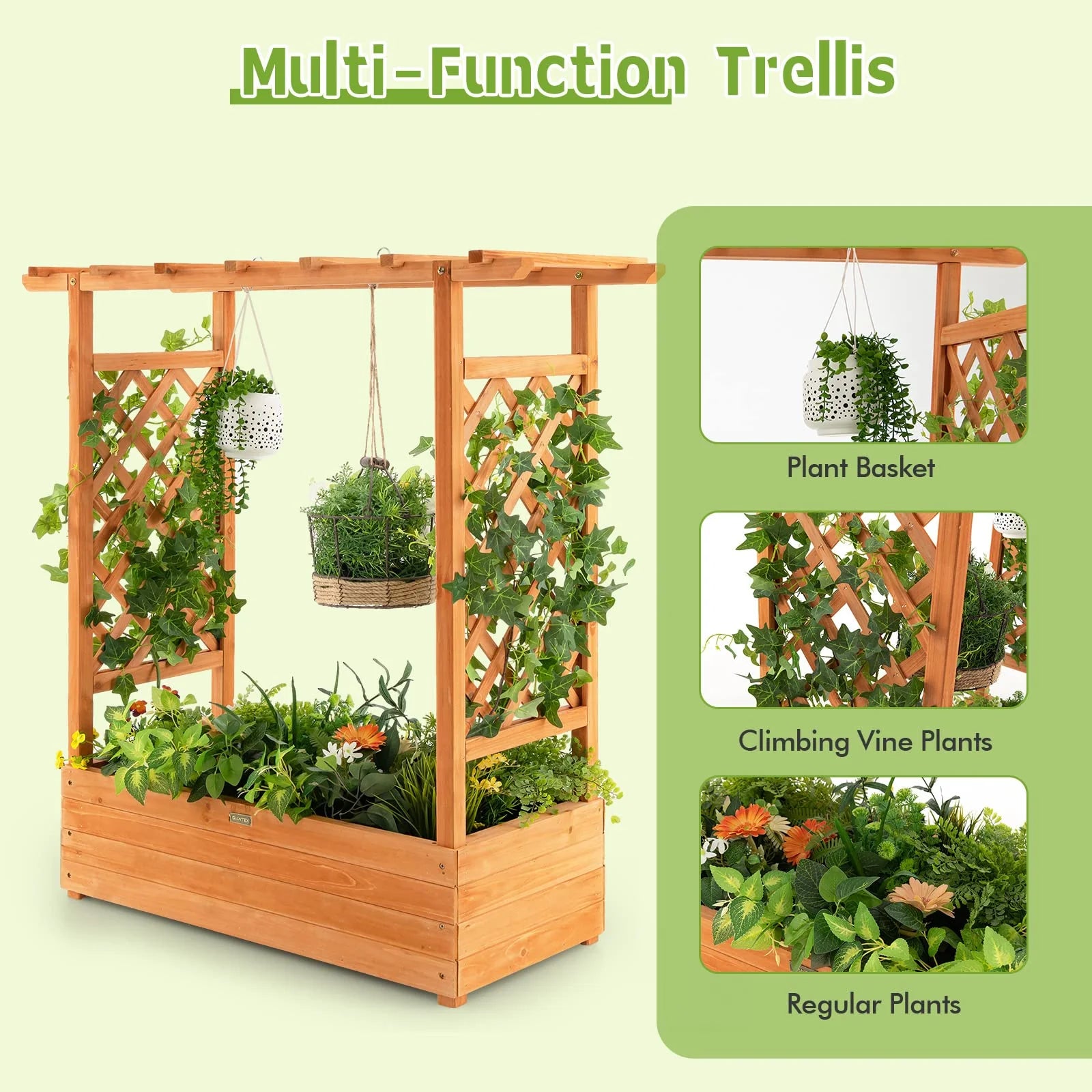 Raised Garden Bed with Arch Trellis & Hanging Roof, Freestanding Fir Wood Elevated Planter Box with Drainage Holes for Climbing Plants Flowers Vines