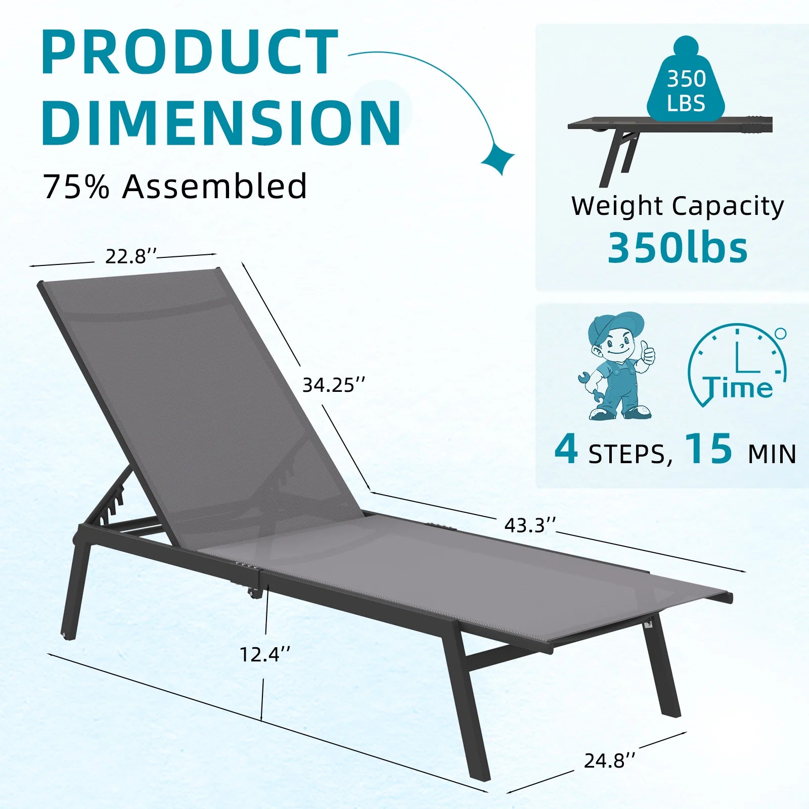 AECOJOY Patio Lounge Chairs, Outdoor Chaise Lounge with Wheels, Dark Grey
