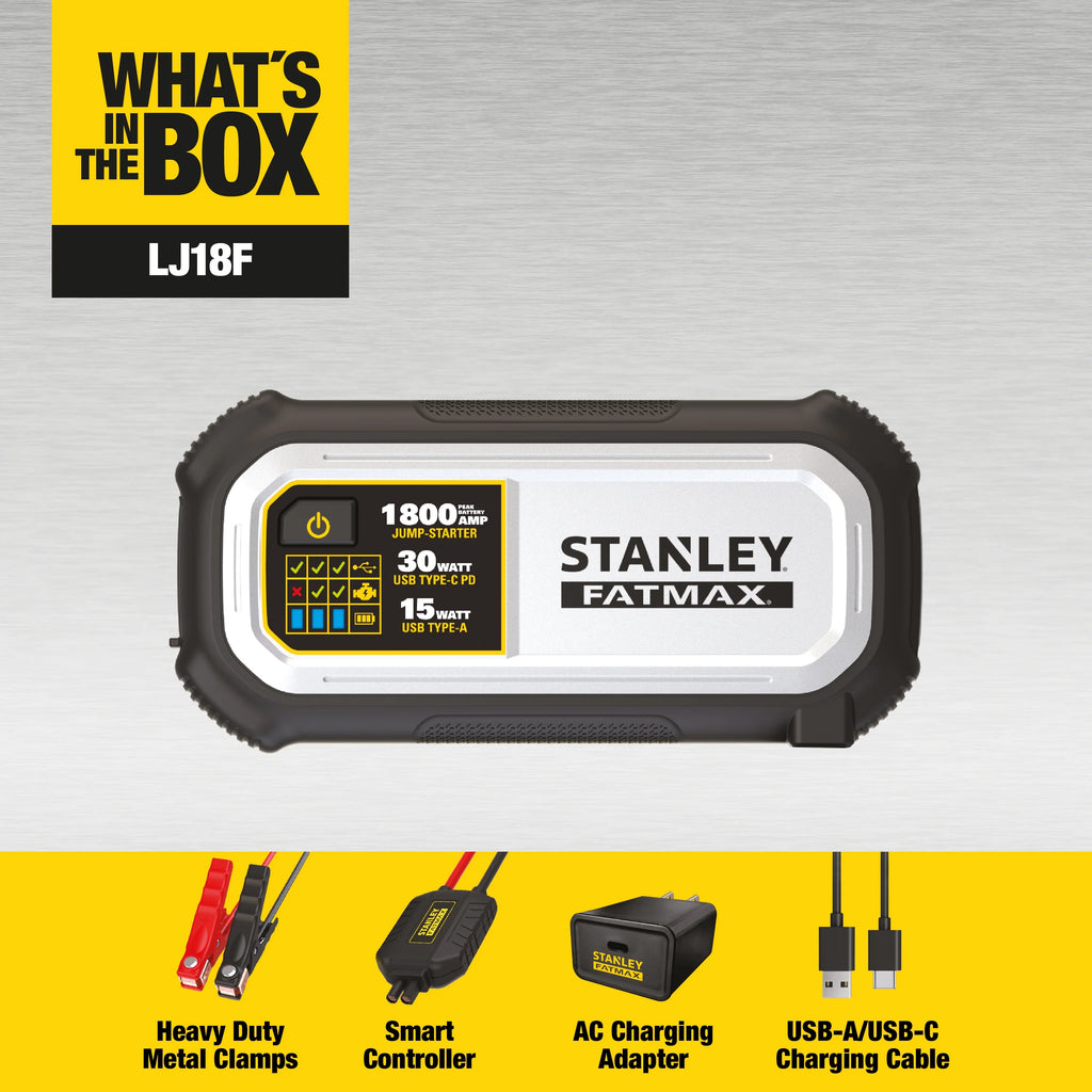 Stanley Fatmax 1800A Lithium Jump Starter with 30W USB - C - PD in/Out and 15W USB - A Out, Includes Clamps