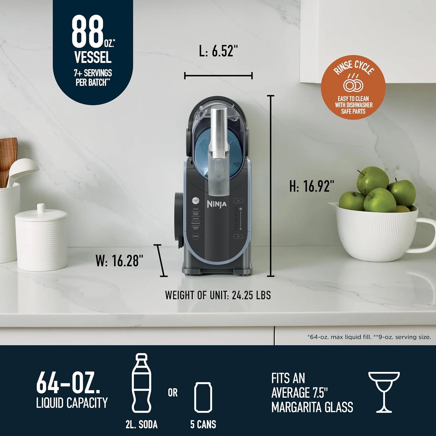SLUSHi with RapidChill Technology, 88 oz. Frozen Drink & Slushie Machine, 5 Preset Programs, Margaritas, Frapps, and More, Premium Accents, Black, FS301