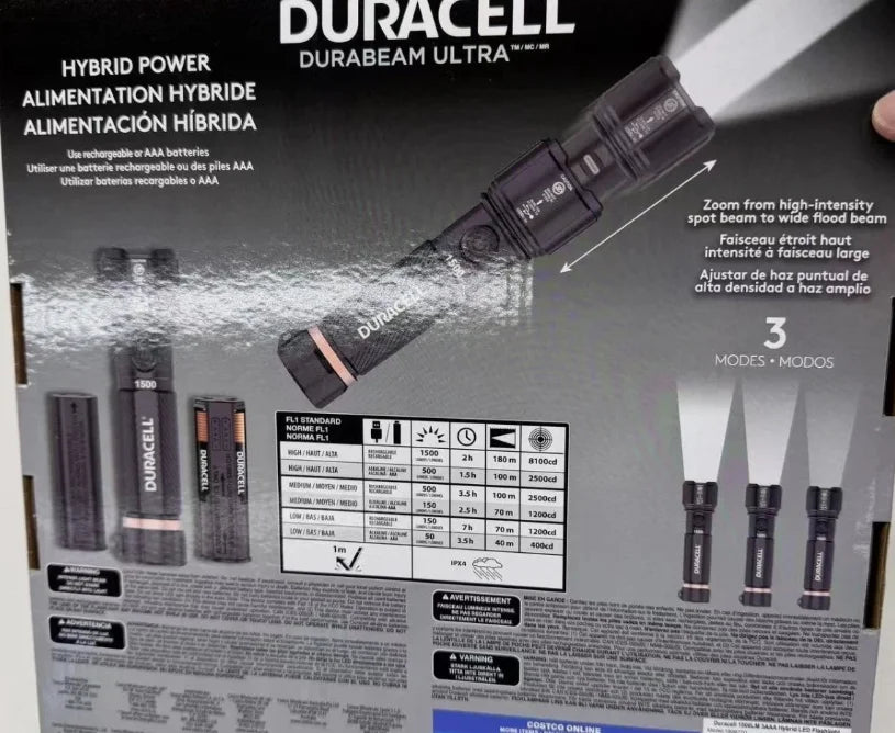 Duracell Hybrid Flashlight, 1500 Lumens, 4 - Count