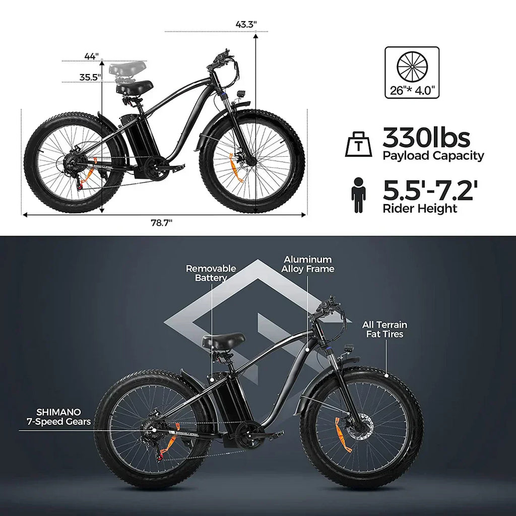 750W Electric Mountain Bike - 48V/15Ah Battery, Dual Disc Brakes, Shimano 7-Speed, Black