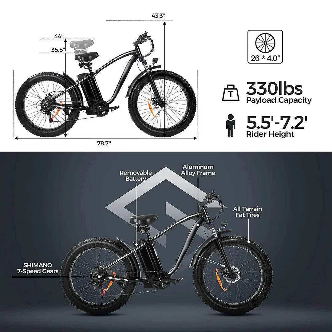 750W Electric Mountain Bike - 48V/15Ah Battery, Dual Disc Brakes, Shimano 7-Speed, Black