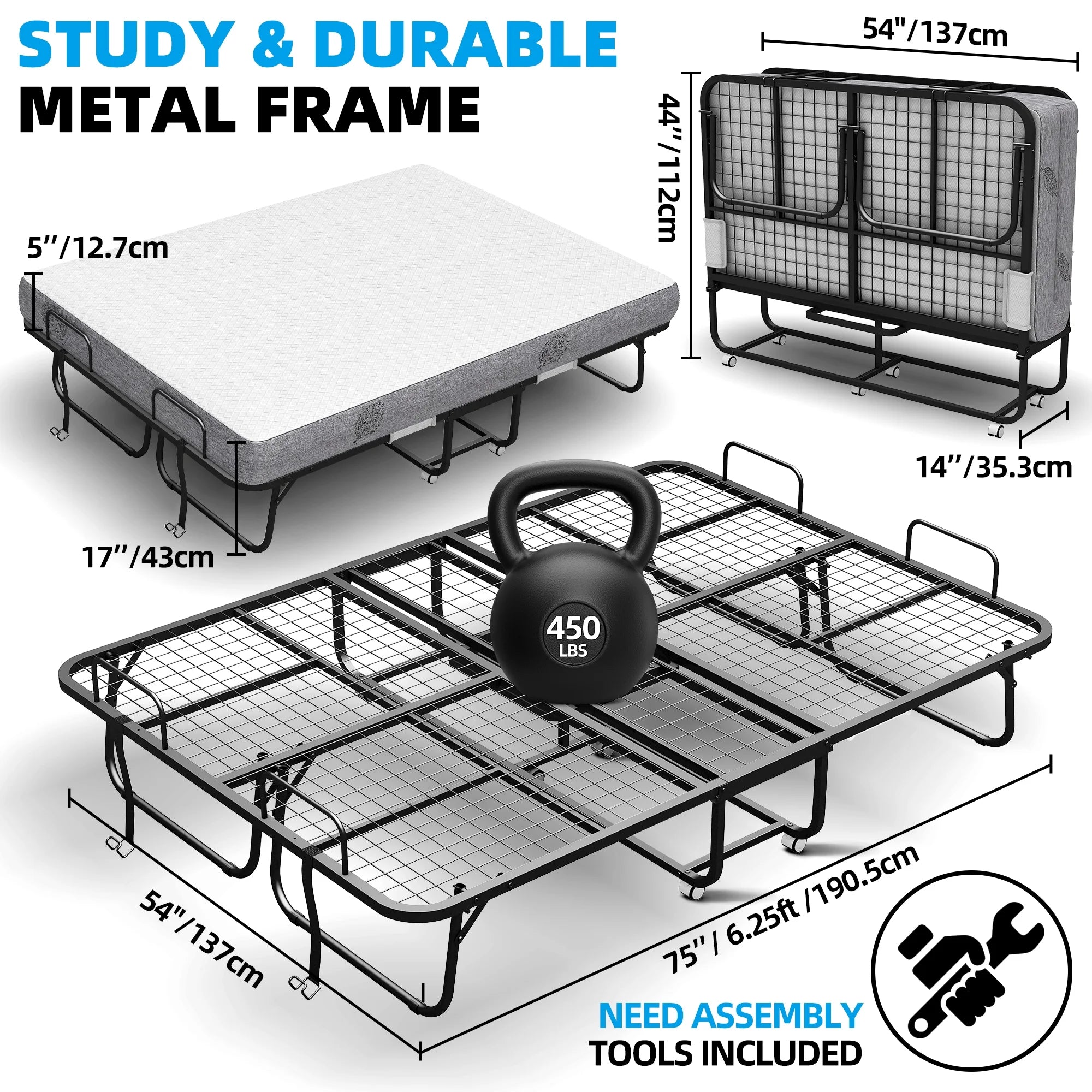 Folding Bed with Mattress 75" x 31" Cot Size Folded Bed, Rollaway Guest Bed Portable Foldable Extra Bed for Adults Daybed with 5" Memory Foam Mattress Space - Saving Sturdy Metal Grid Frame