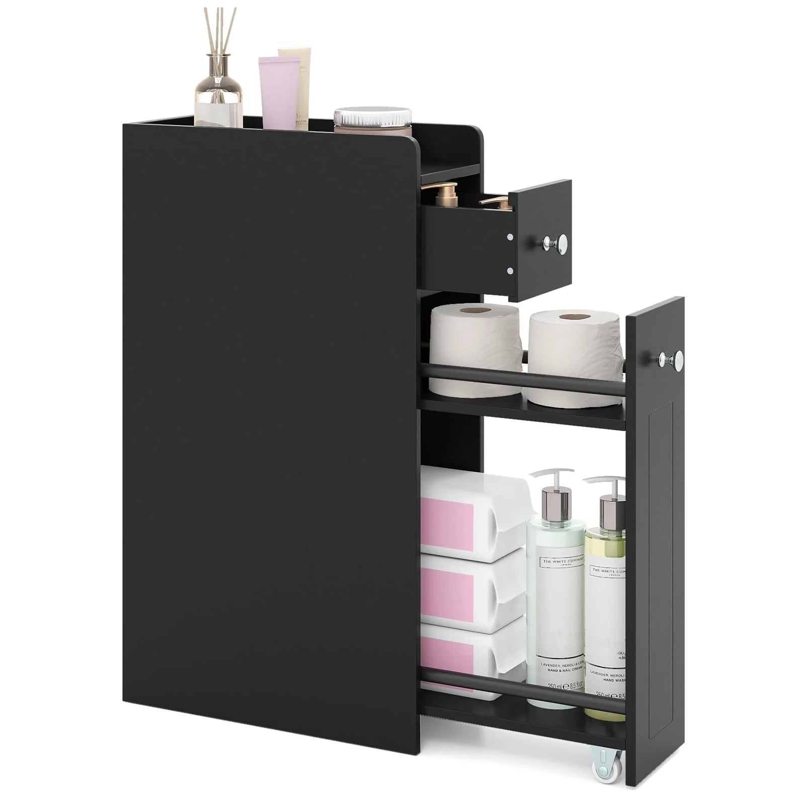 Tangkula Small Bathroom Storage Cabinet 4-Tier with Slide Out Drawers on Casters