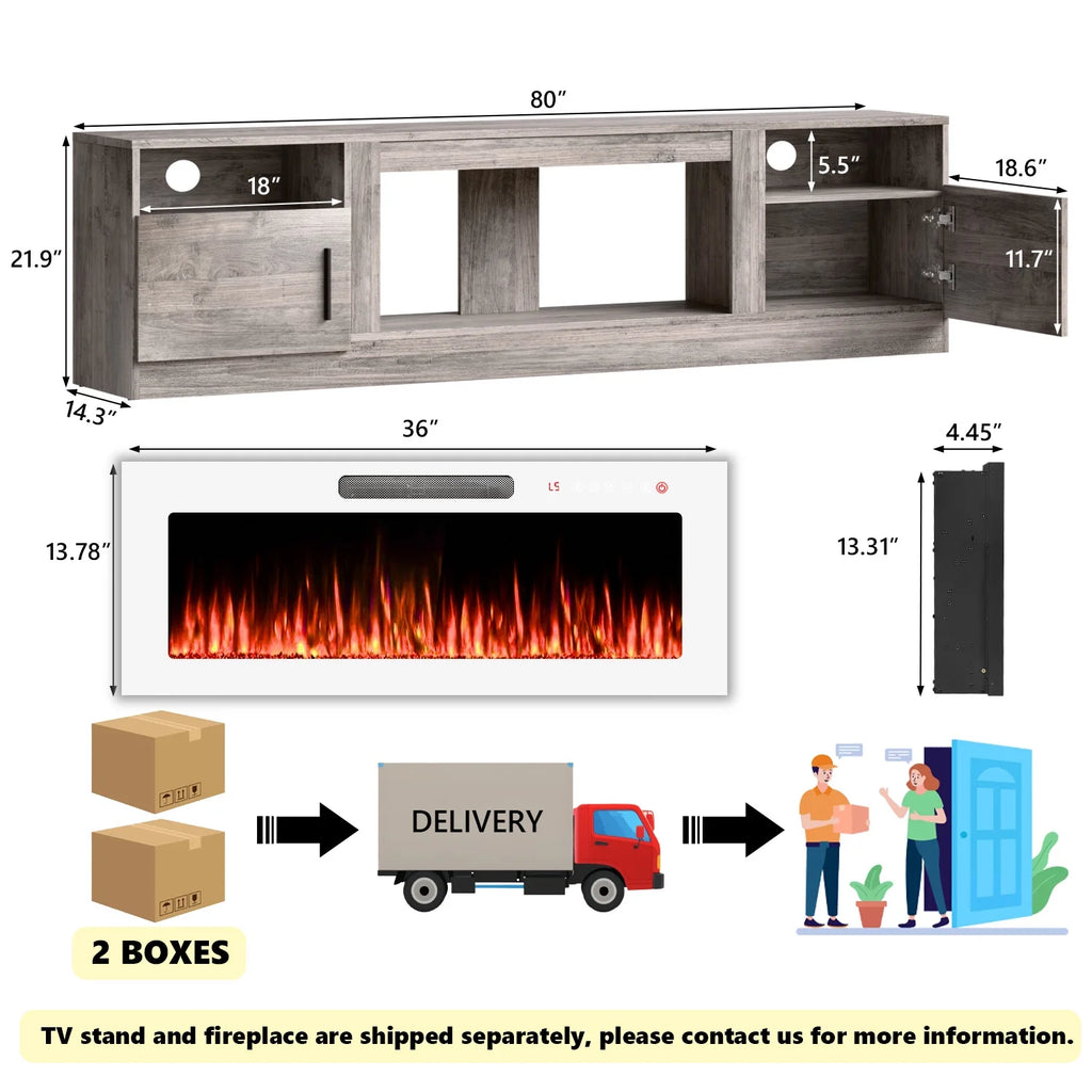 Waleaf Fireplace TV Stand with 36" Electric Fireplace up to 80" Tvs, Modern Wood Media TV Console with Highlight Cabinet, White