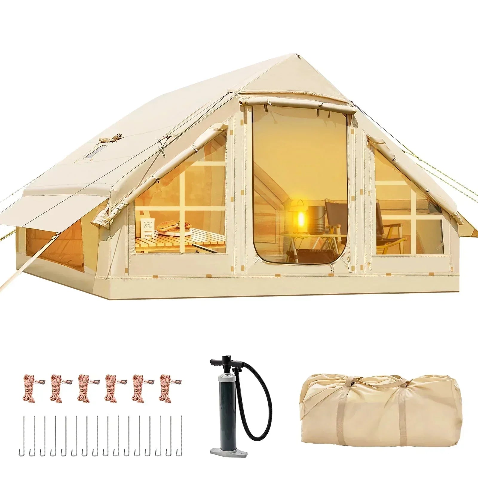 6 Person Inflatable Camping Tent with Pump, 10ft x7ft Glamping Family Tent Easy Setup 4 Season Waterproof Windproof Outdoor Blow Up Tent Luxury Oxford Cabin with Mesh Windows & Doors sgtnighsdesigns
