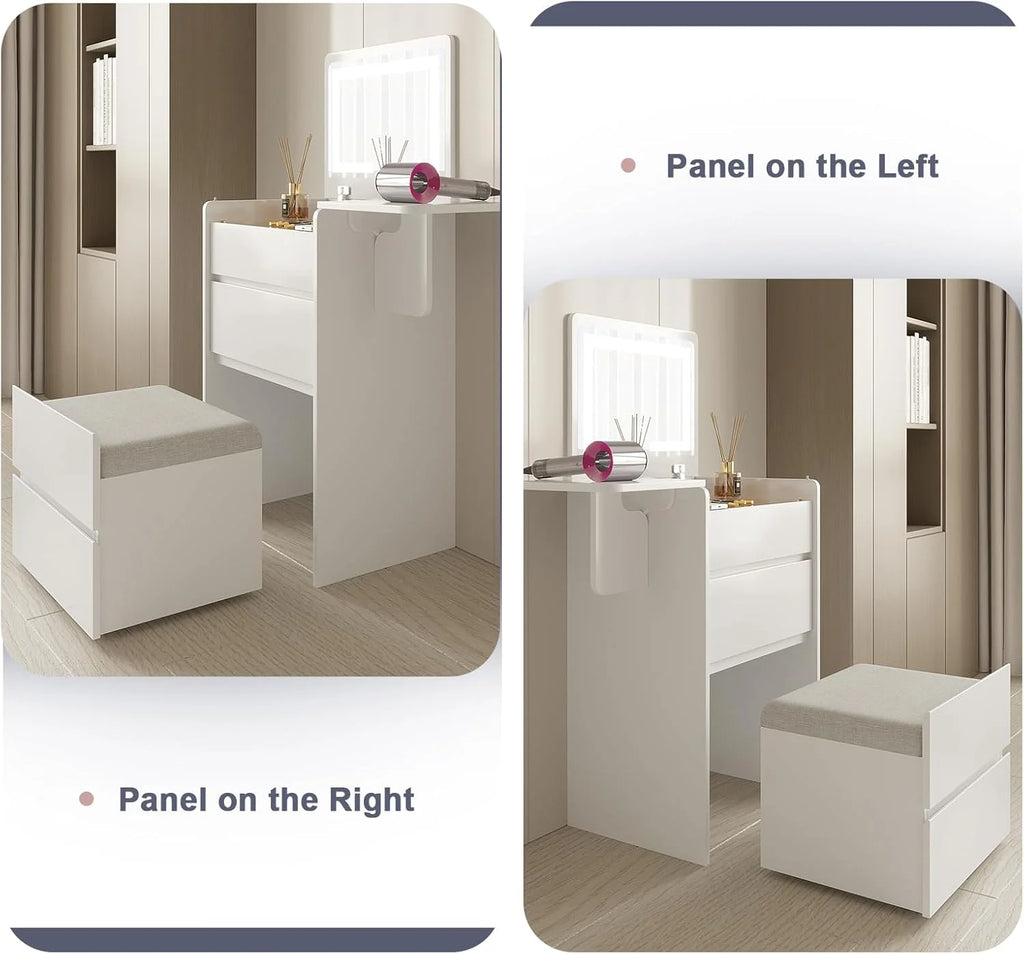 Vanity Desk with Flip Top Lighted Mirror, Compact Makeup Table with Storage Stool, Integrated Vanity with Drawers, 3 - in - 1 Vanity Set, Small Dressing Desk for Bedroom