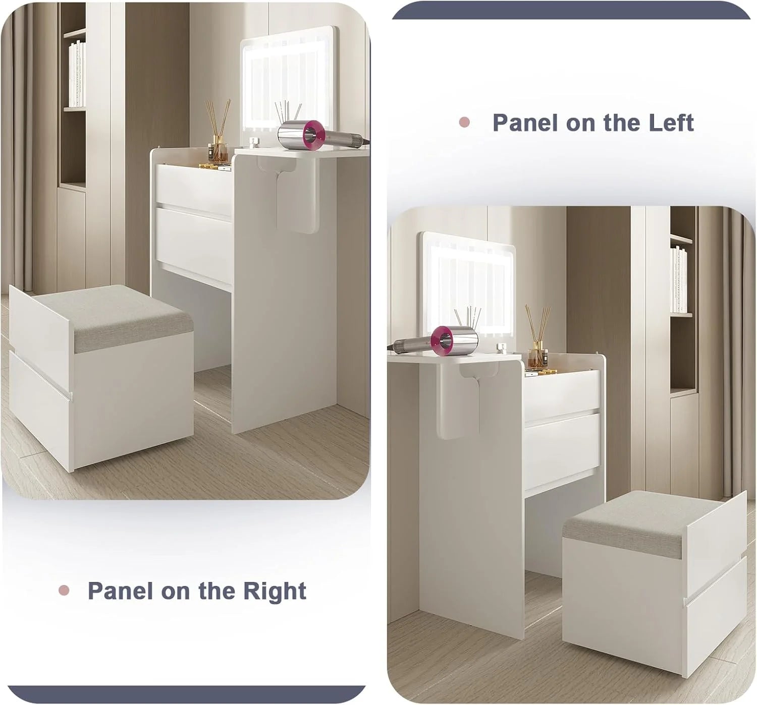 Vanity Desk with Flip Top Lighted Mirror, Compact Makeup Table with Storage Stool, Integrated Vanity with Drawers, 3 - in - 1 Vanity Set, Small Dressing Desk for Bedroom
