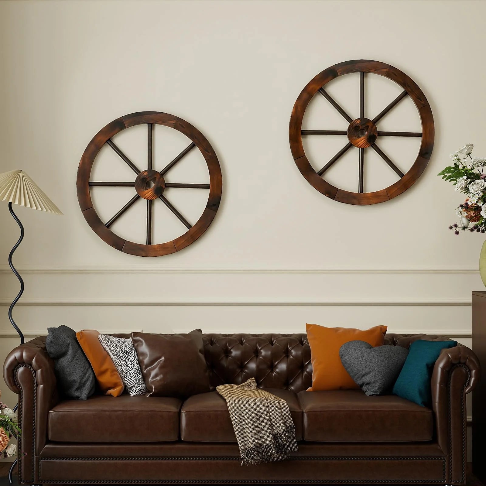 Tangkula 24 Inch Set of 2/4 Decorative Wooden Wagon Wheel Carbonized Solid Fir Wood