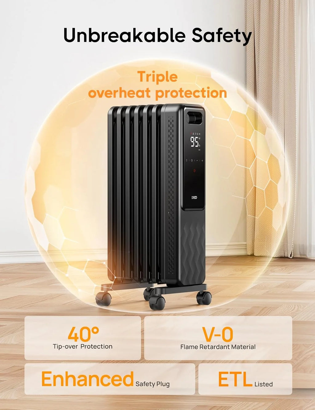 Dreo Oil Filled Radiator, Electric Radiant Heaters for Indoor Use Large Room with Remote Control, Child Lock, 4 Modes, Overheat & Tip - Over Protection, 24h Timer, Digital Thermostat, Quiet, 1500W