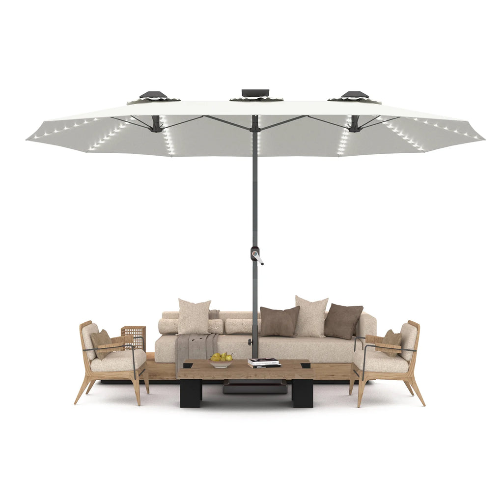 AECOJOY 15ft Patio Double-Sided Umbrella, 156 PCS Solar LED Light Outdoor Large Umbrella, Ivory