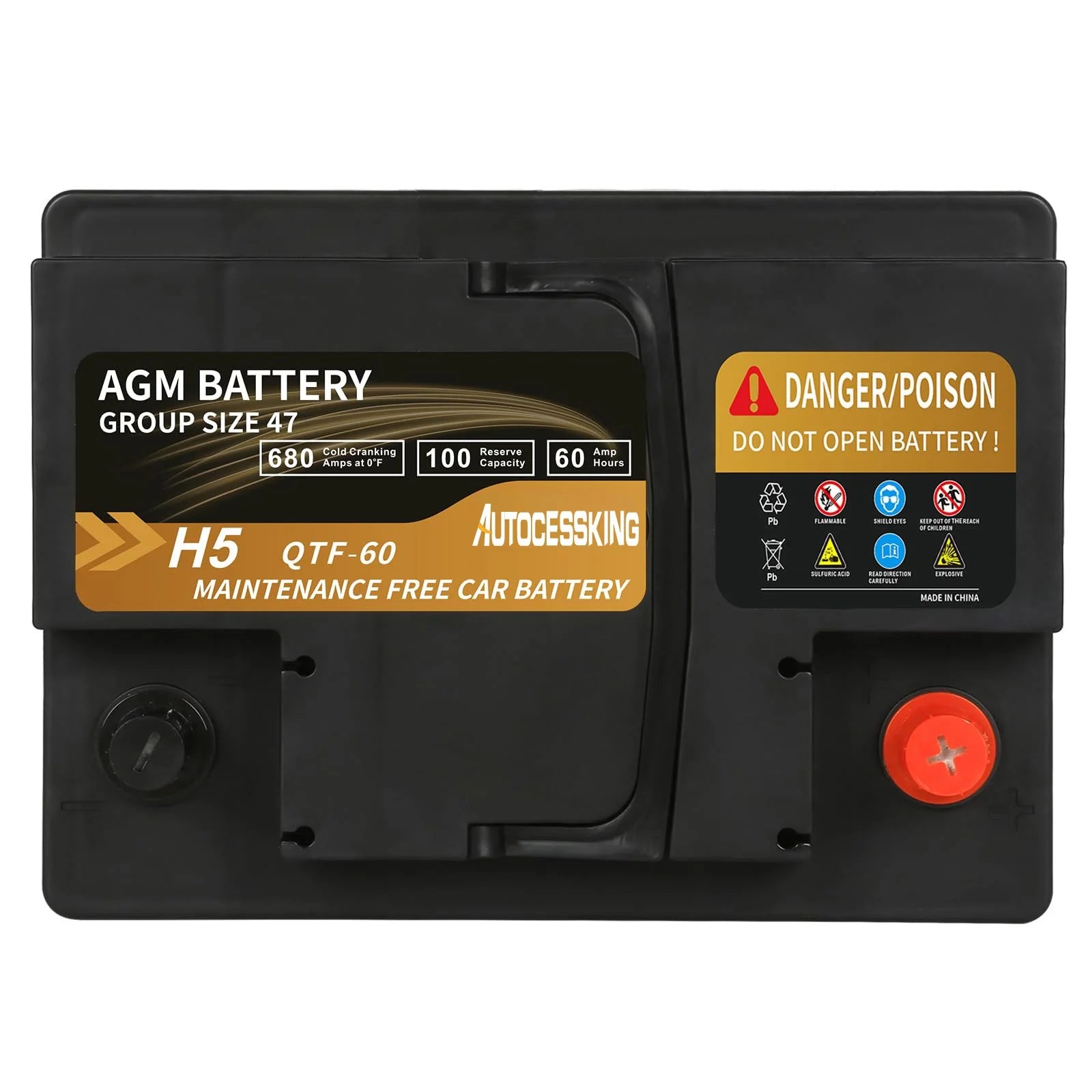 Autocessking Platinum AGM Battery, Group 47 Rechargeable Automotive Batteries for Car, 12V H5 680CCA 60ah 100RC