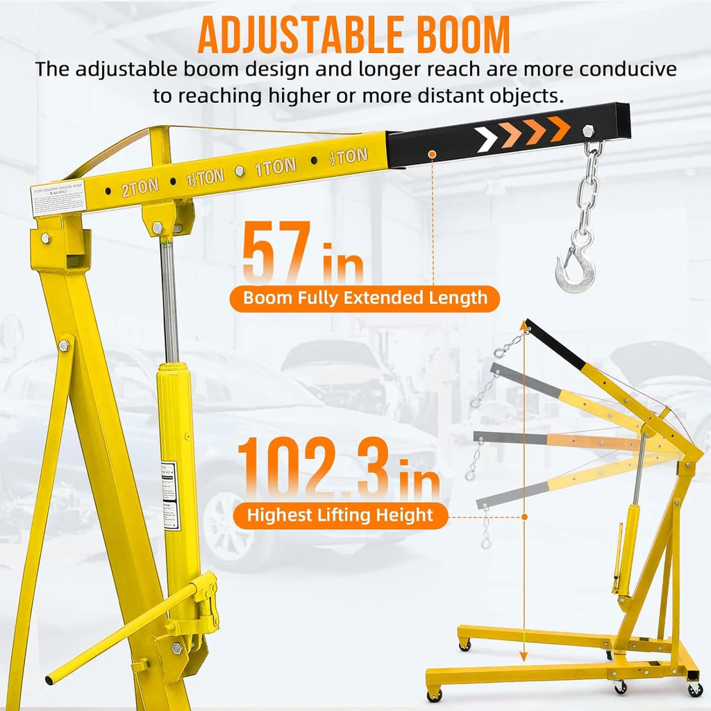 Joankaren 2 Ton Folding Hydraulic Engine Hoist, Heavy - Duty Engine Shop Crane Hoist Lift, Heavy Cherry Picker with 6 Wheels, Yellow