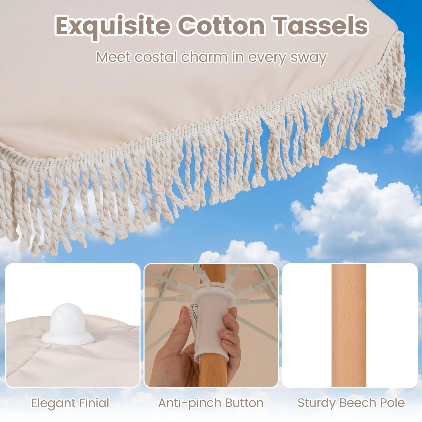 Tangkula 6 FT Tassel Market Table Umbrella with Push Button Tilt