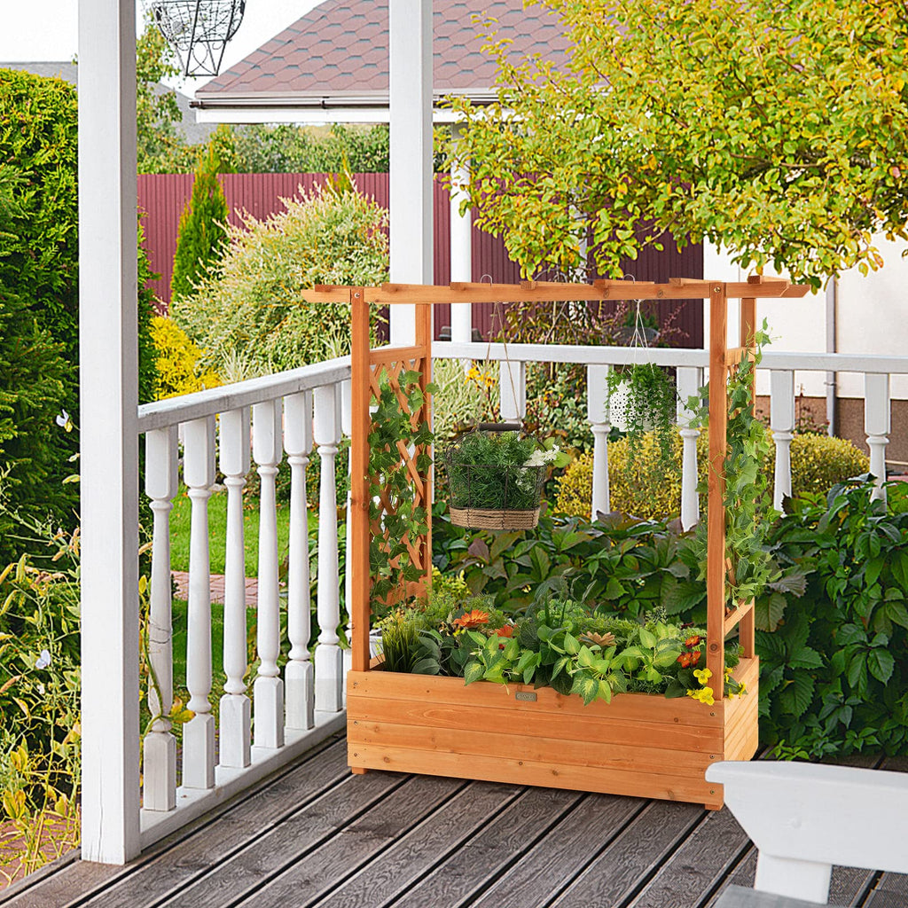 Raised Garden Bed with Arch Trellis & Hanging Roof, Freestanding Fir Wood Elevated Planter Box with Drainage Holes for Climbing Plants Flowers Vines
