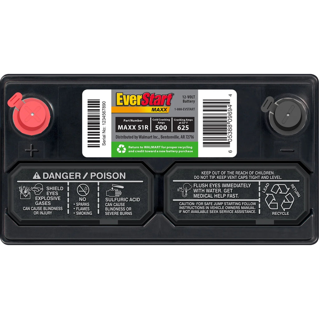 Everstart Maxx Lead Acid Automotive Battery, Group Size 51R 12 Volt, 500 CCA