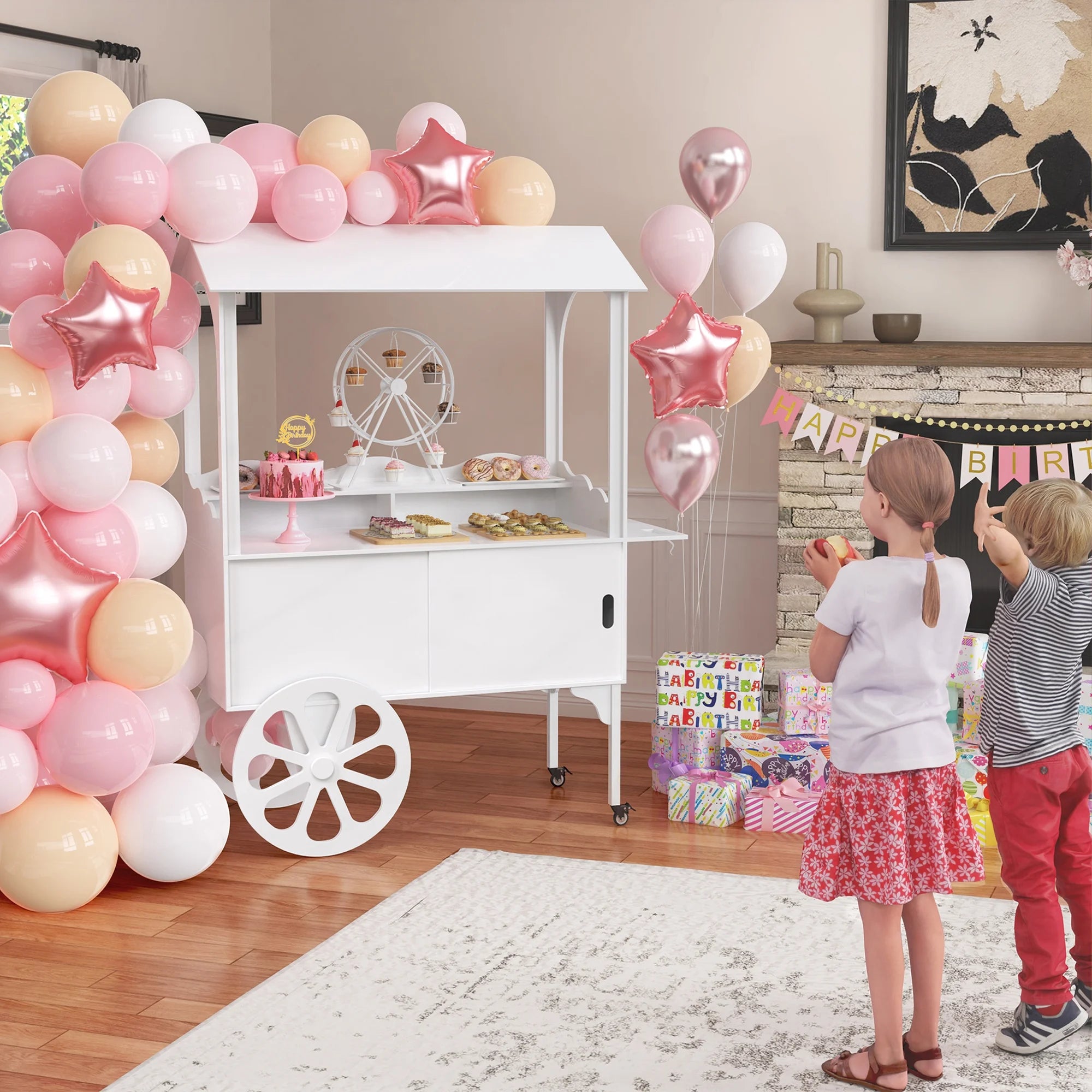 Candy Cart with Wheels for Party，wood Dessert Cart with Storage Cabinet