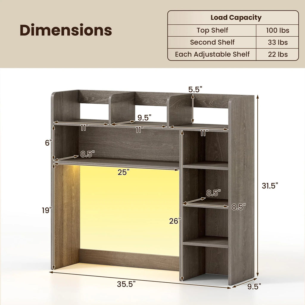 Tangkula Desktop Bookshelf with LED Lights | Desk Hutch with 8 Shelves for Max 25" Monitor