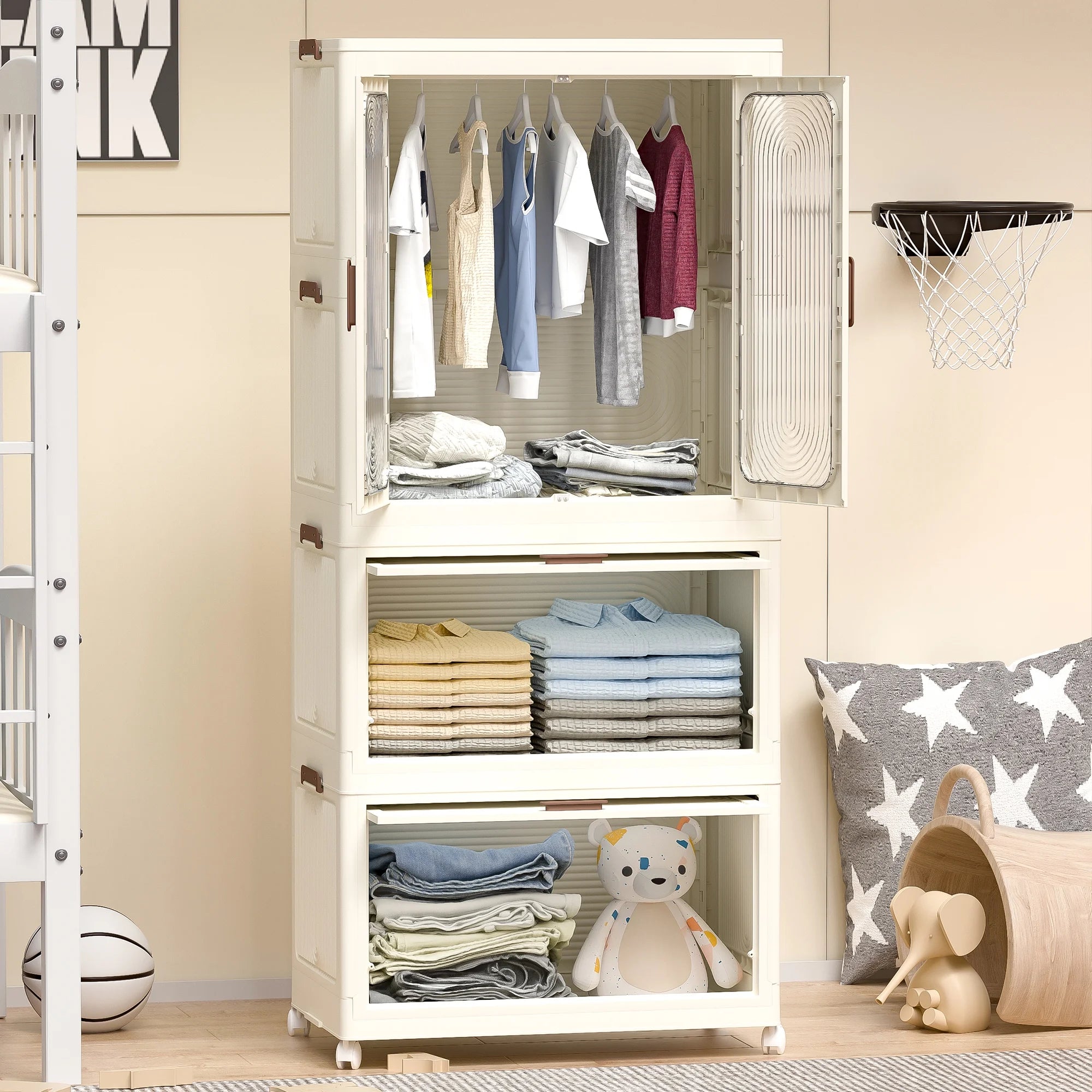 Montary Kids Portable Wardrobe W/ Magnetic Doors & Hanging Rod - 4 - Cube Plastic Storage Cabinet, Nursery/Bedroom