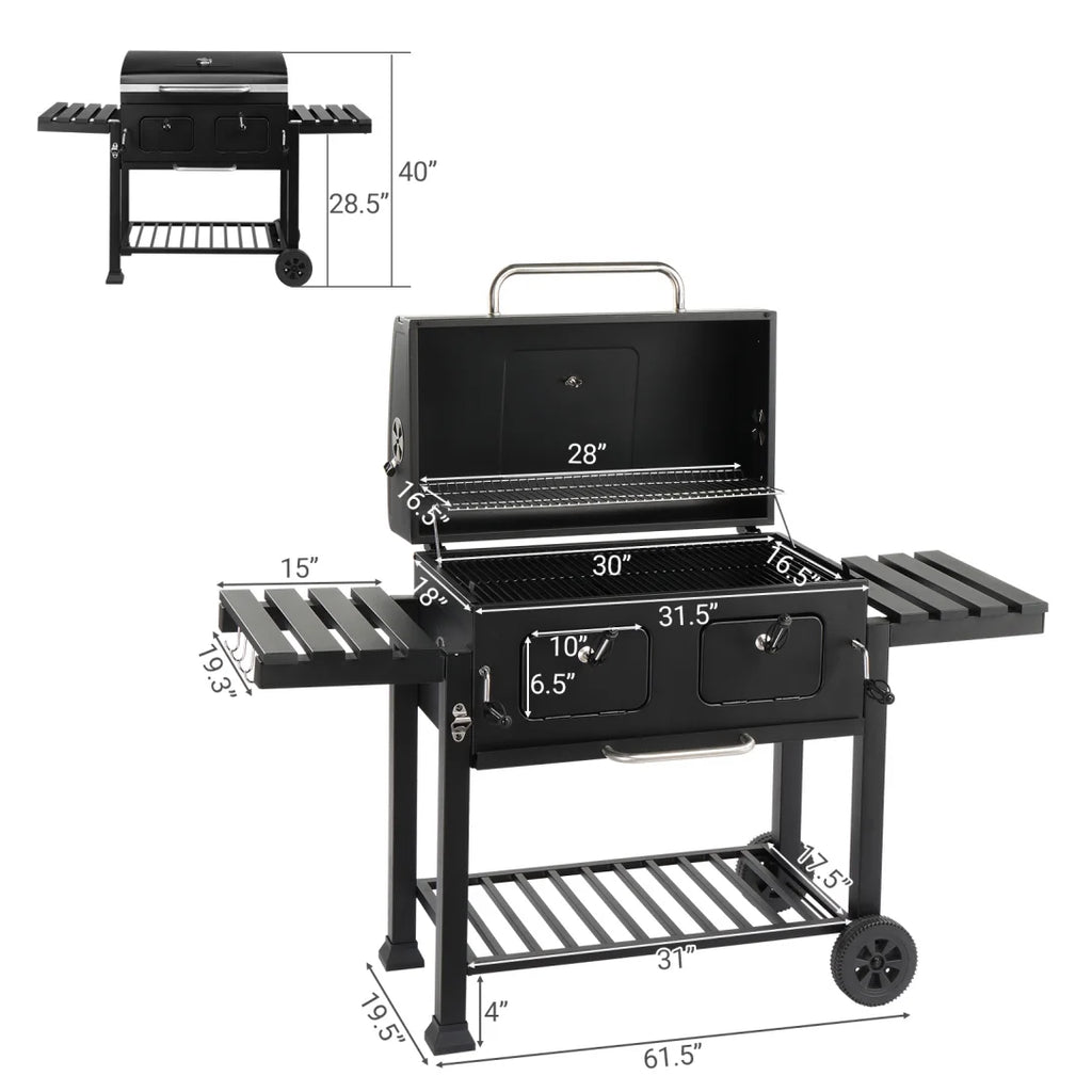 Charcoal Grill Outdoor BBQ Grill, Extra Large Cooking Fits up to 30 Burgers at Once, 2 Individual & Adjustable Charcoal Tray, Foldable Side Tables, for Outdoor Cooking Backyard Camping Picnics