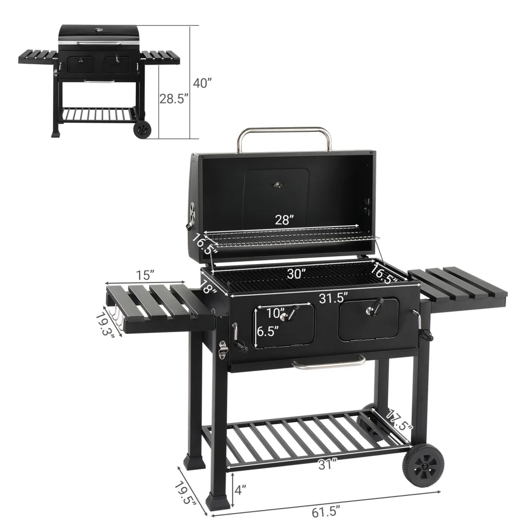 Charcoal Grill Outdoor BBQ Grill, Extra Large Cooking Fits up to 30 Burgers at Once, 2 Individual & Adjustable Charcoal Tray, Foldable Side Tables, for Outdoor Cooking Backyard Camping Picnics