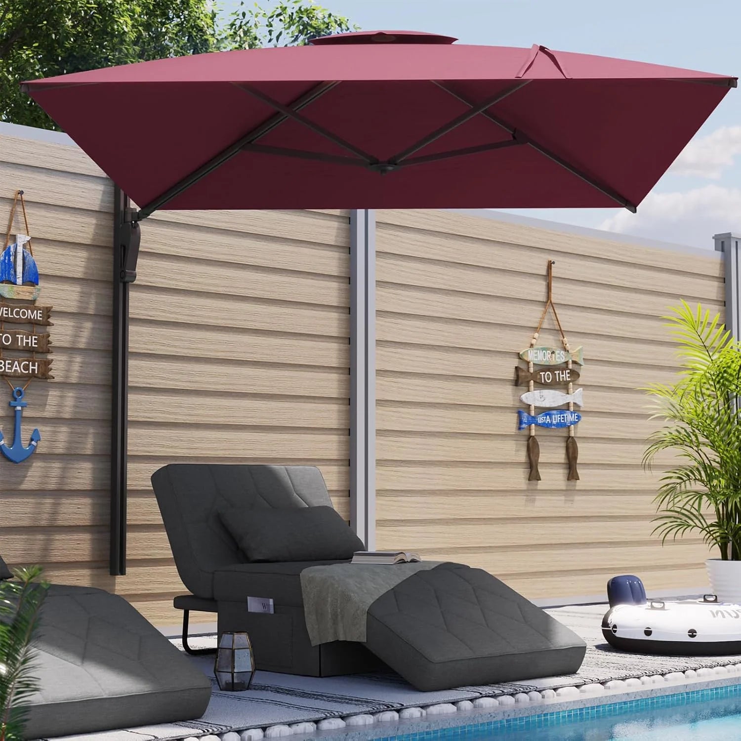 AECOJOY 10ft Cantilever Patio Umbrella, Large Rectangle Umbrella 180° Rotation Offset, Red