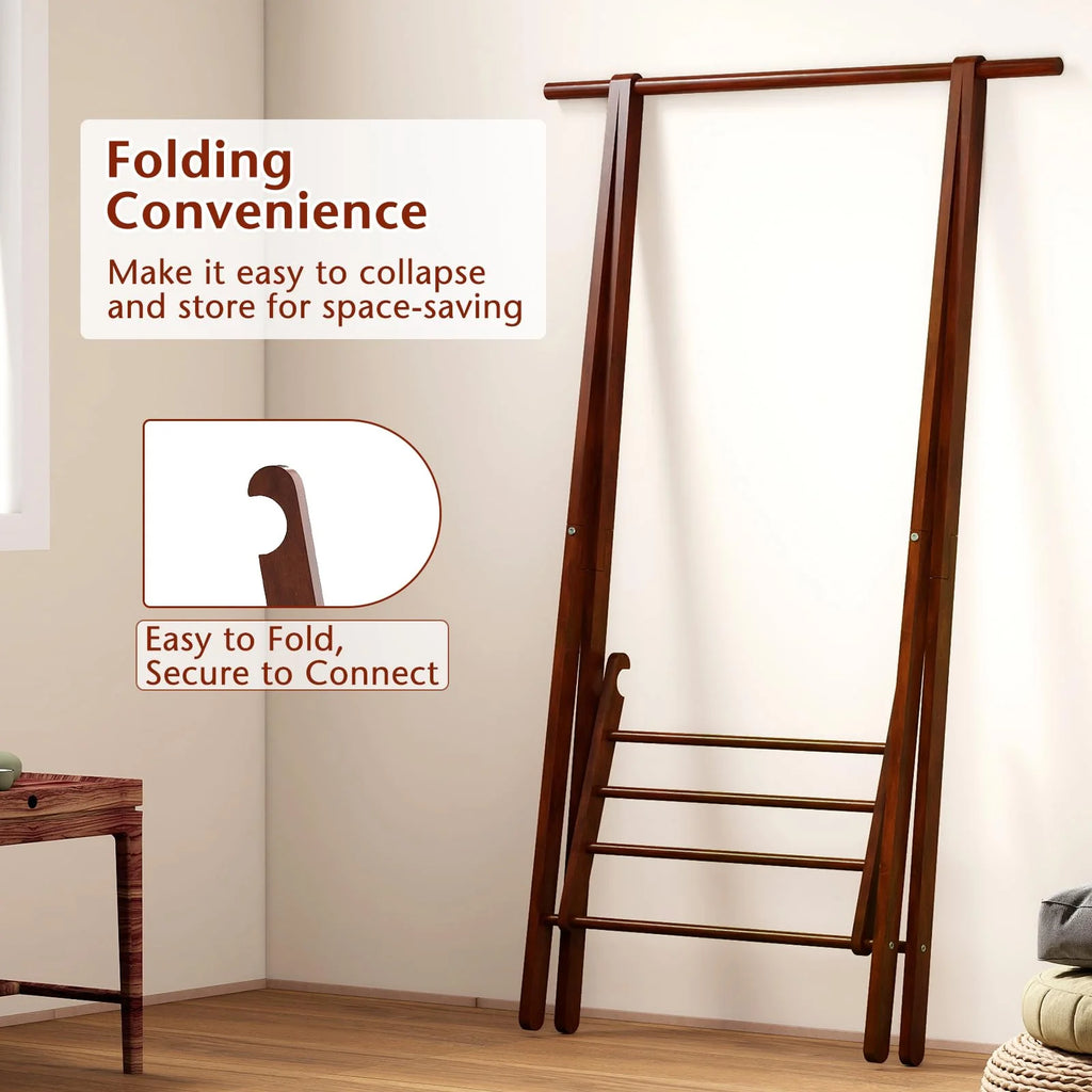 Tangkula Folding Rubber Wood Clothes Hanging Rack