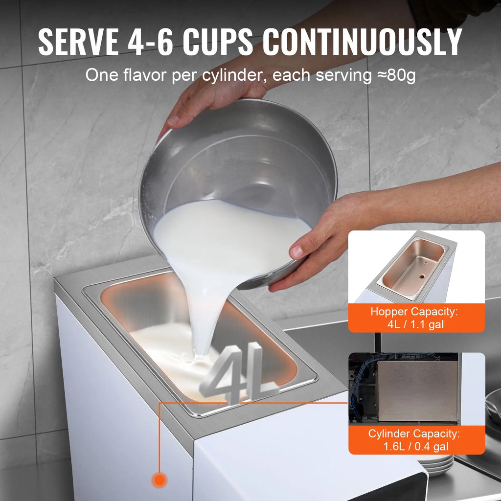 KFFKFF Commercial Ice Cream Machine 2.7 - 4gal/10 - 15 L/H 4 L Hopper Single Flavor Countertop Soft Serve Ice Cream Maker Auto Clean Pre - Cooling