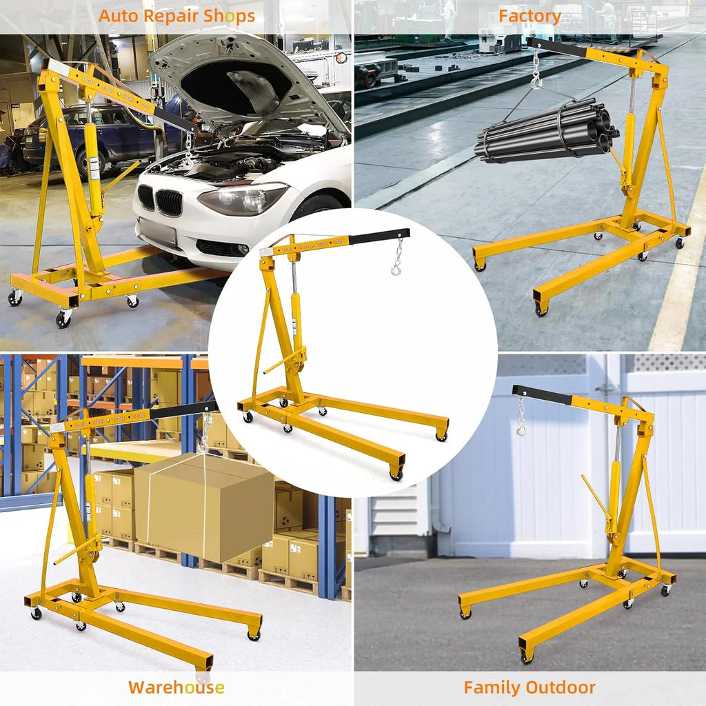 Joankaren 2 Ton Folding Hydraulic Engine Hoist, Heavy - Duty Engine Shop Crane Hoist Lift, Heavy Cherry Picker with 6 Wheels, Yellow