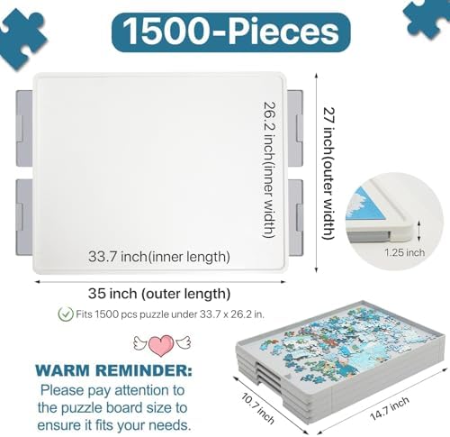 1500 Pieces Rotating Plastic Puzzle Board with Drawers and Cover, 35"x27" Portable Jigsaw Puzzle Table for Adults, Lazy Susan Spinning Puzzle Boards, Ideal Gift for Mum