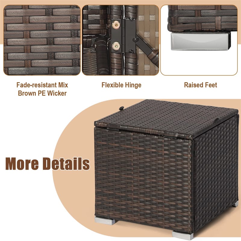 2PCS Wicker Outdoor Storage Ottomans with Removable Cushions, Multipurpose PE Rattan Footrest Side Table Seating for Patio Poolside Backyard