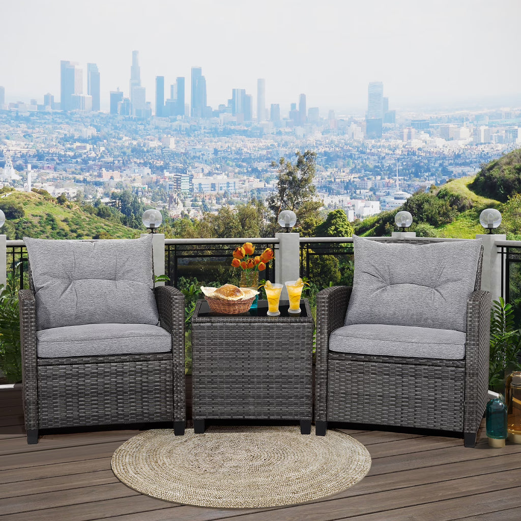 Gymax 3PCS Patio Rattan Sofa Set Outdoor Wicker Conversation Set Glass Tabletop W/ Grey Cushion
