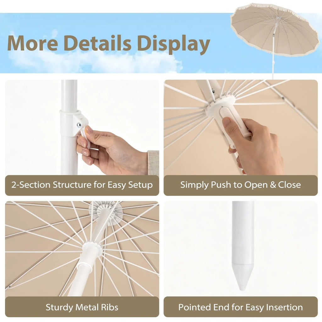 Tangkula 7FT Beach Umbrella with Fringe & Sand Anchor