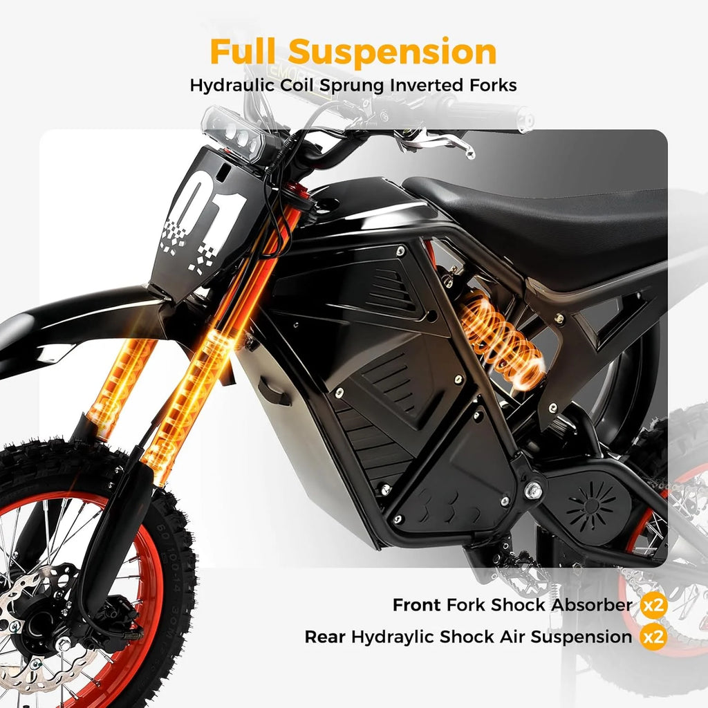 2000W Electric Dirt Bike for Adults Ridingtimes GT73 UL2849, Brushless Hub Motor, 18.2ah*2 Electric Bike with 25" Tires Digital Screen Carbon Steel, Black